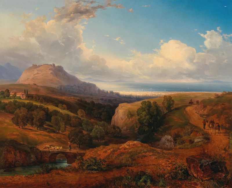 A view of an oriental fortress and a harbour city beyond, oil painting by Emanuel Stöckler