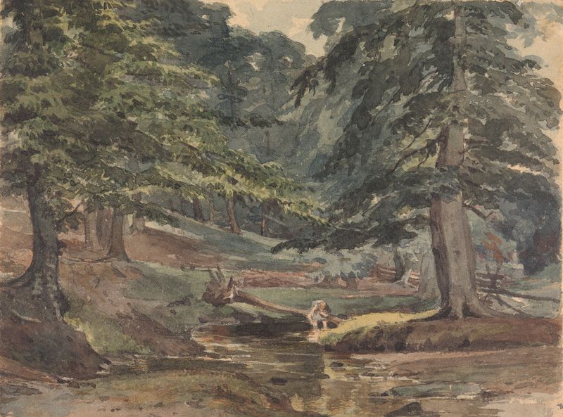 Wooded River Scene de Thomas Sully, pintura a óleo que retrata um tranquilo rio e floresta.
