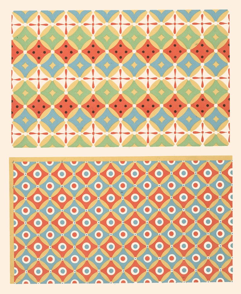 Fresco by Gustave Jéquier featuring colorful patterns and ancient motifs on a ceiling.