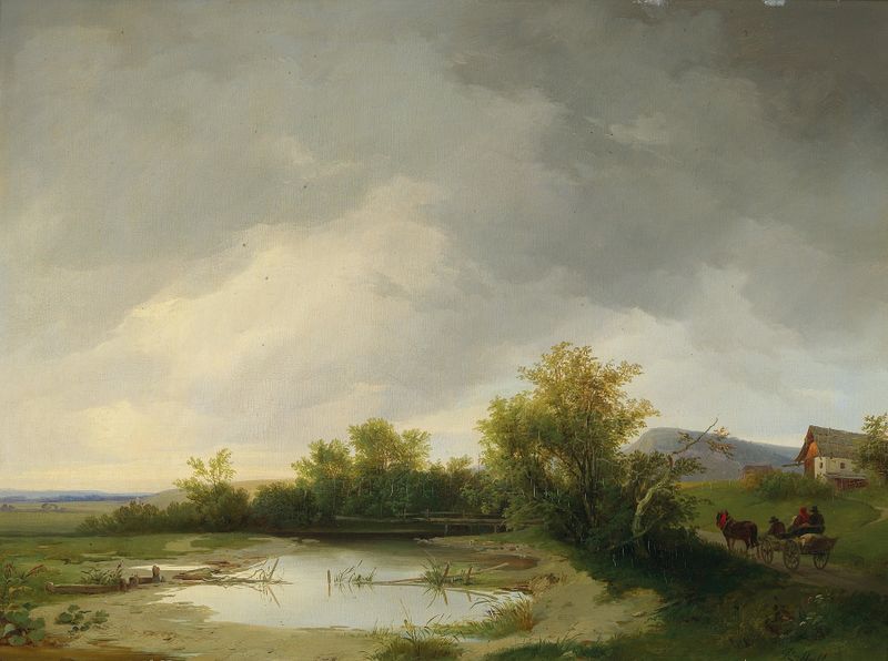 Retornando para Casa Antes da Tempestade de Ignaz Raffalt, pintura a óleo com figuras em uma paisagem tempestuosa