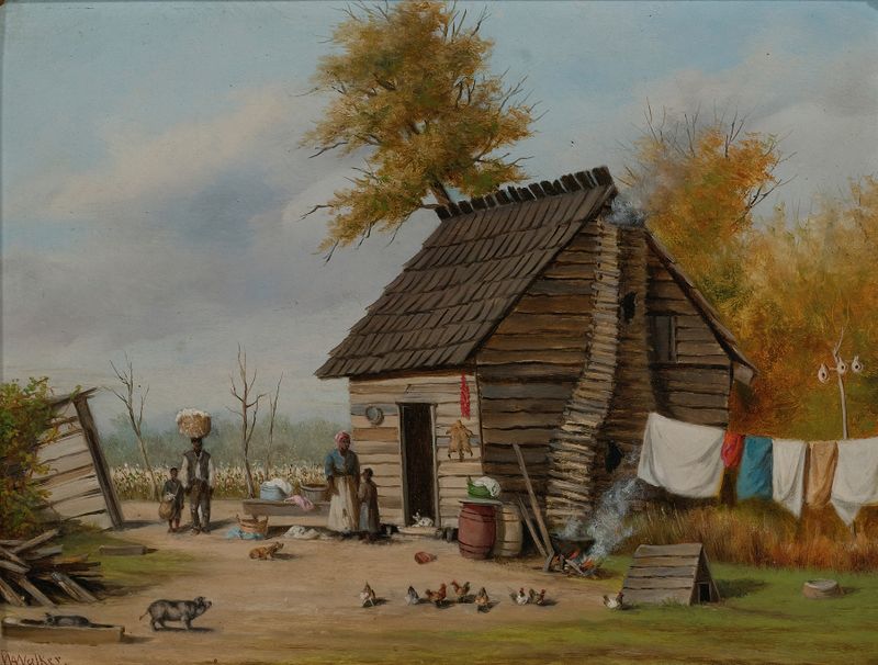 Outside The Cabin by William Aiken Walker, realism, depicting a cabin in dappled sunlight
