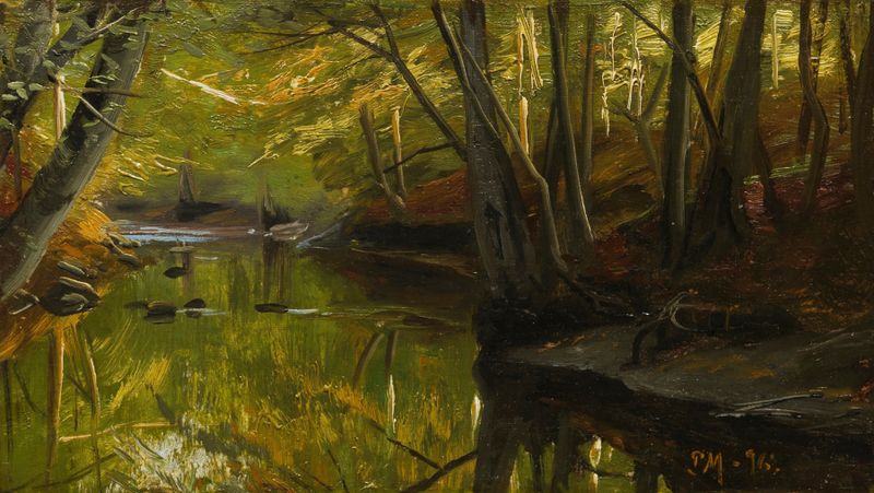 Paisaje con un estanque y bosque, pintura al óleo de Peder Mørk Mønsted