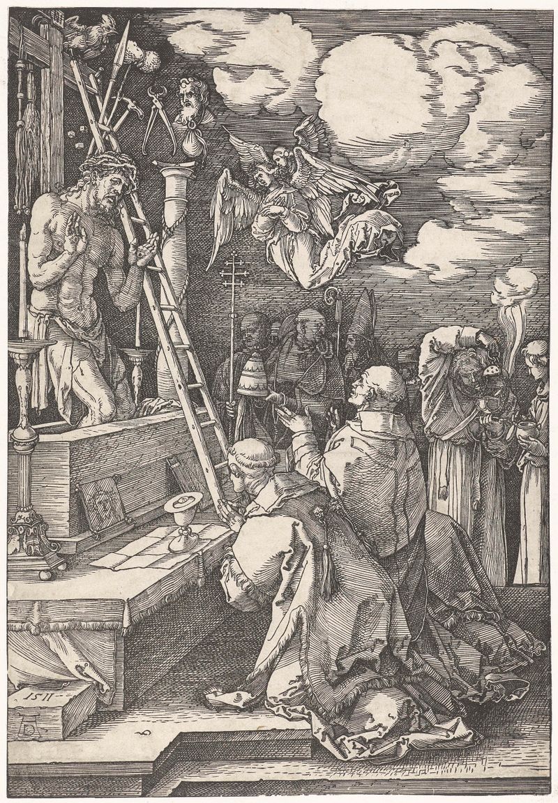Gregoriusmis de Albrecht Dürer, gravura em papel representando uma figura religiosa com detalhes intrincados.
