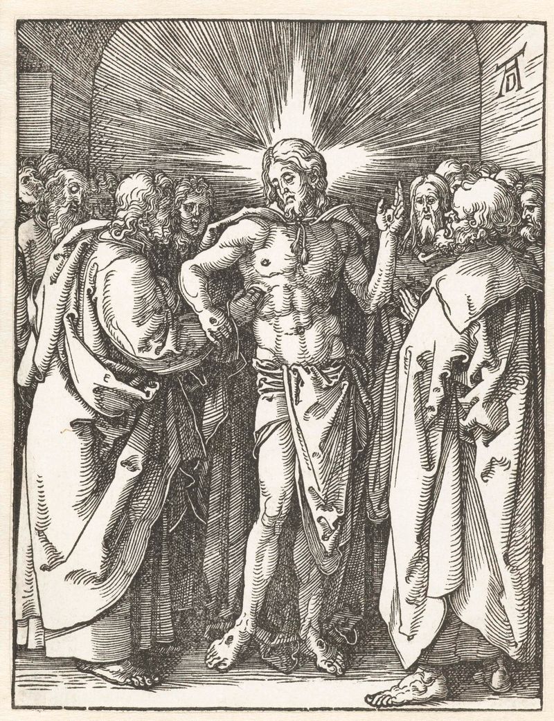 Ongelovige Tomas de Albrecht Dürer, gravura em papel mostrando uma figura em conflito com luz e sombra dramáticas.