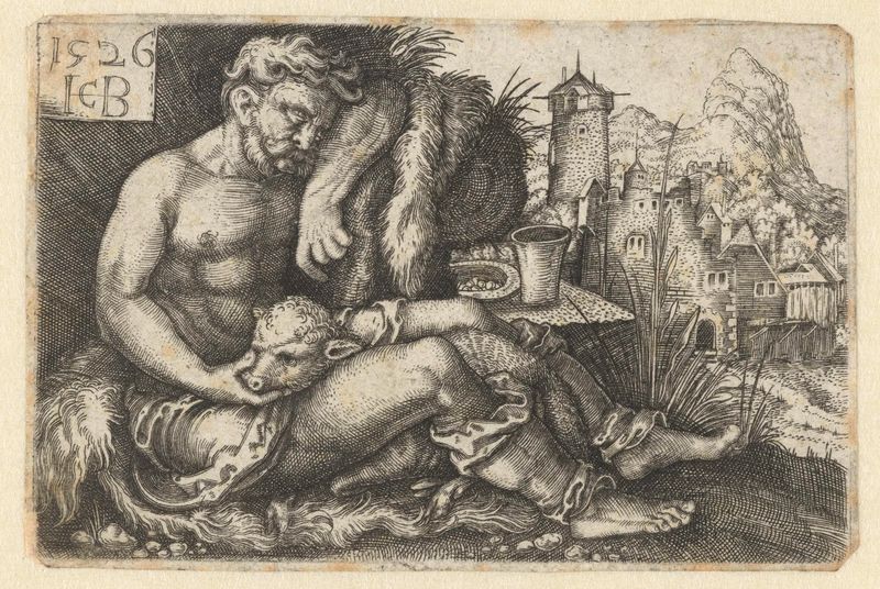Herder met een schaap, grabado de Jacob Binck, que representa a un pastor con una oveja en un paisaje pastoral.