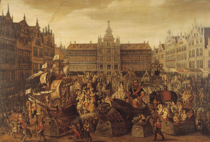 Historical scene of a parade on the market square, oil painting by Alexander Casteels II