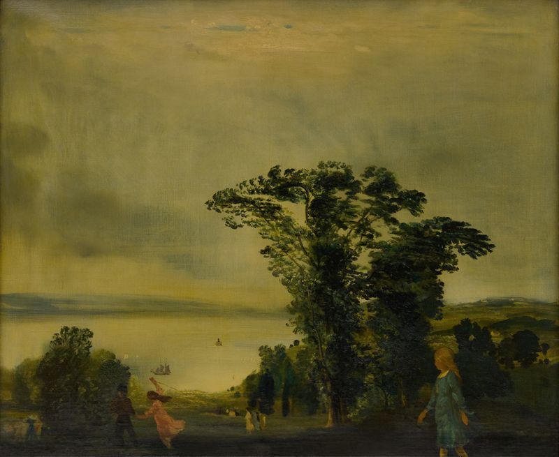 Our River Hudson de Arthur Bowen Davies, óleo sobre tela representando uma paisagem fluvial serena