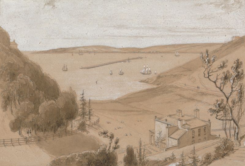 Escena marina con suaves olas y colinas, pintura al óleo de William Daniell