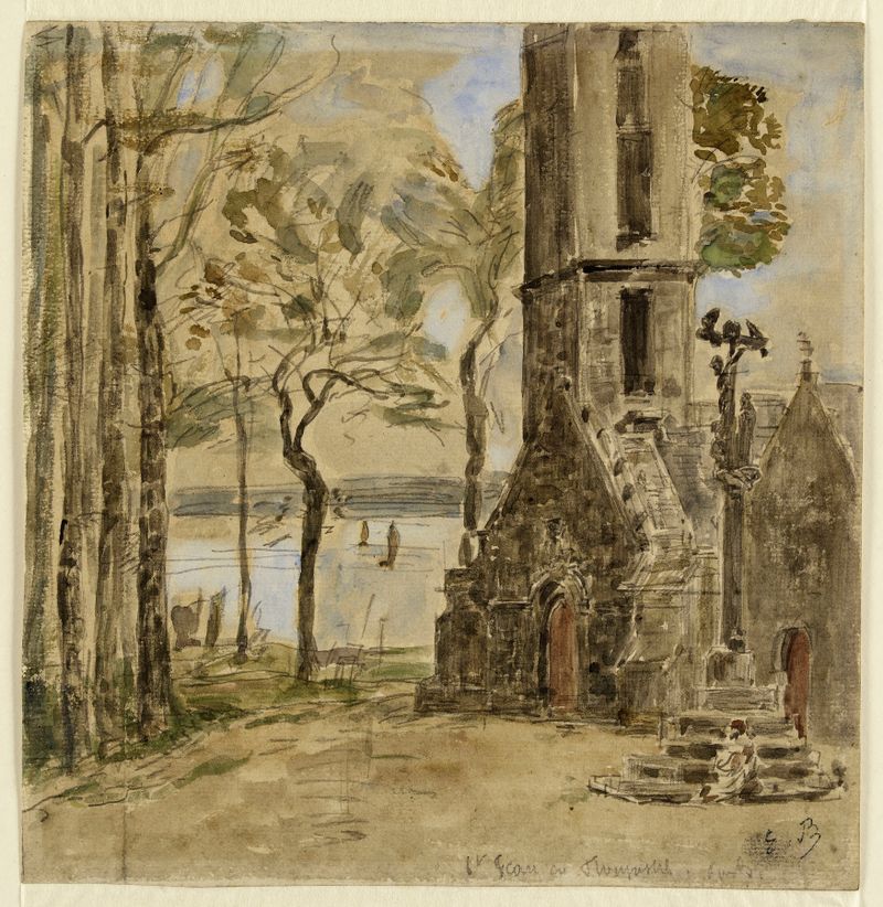 Calvaire breton de Eugène Boudin, pintura al óleo que muestra un paisaje tormentoso con nubes dramáticas.