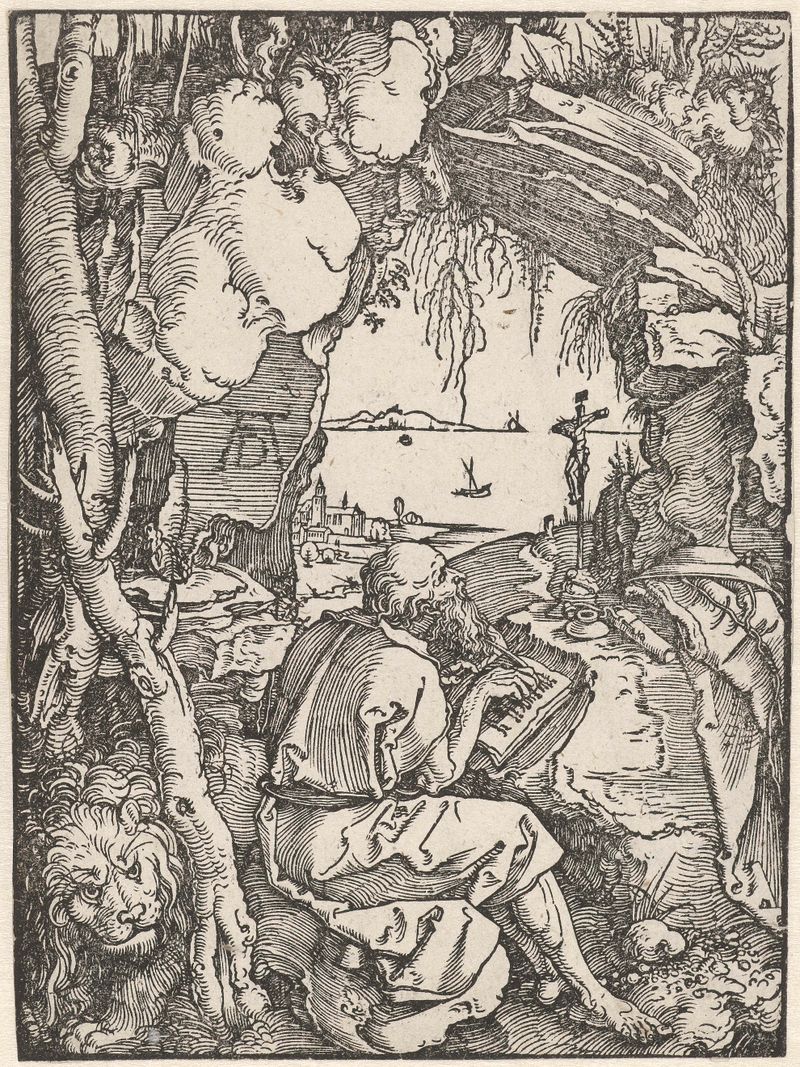 São Jerônimo escrevendo em uma caverna, manto de pele iluminado pela luz, papel de Albrecht Dürer