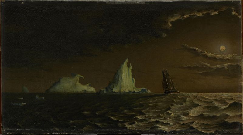 Belle Isle Strait de Bloomfield Douglas, óleo sobre lienzo que representa agua y cielo serenos.