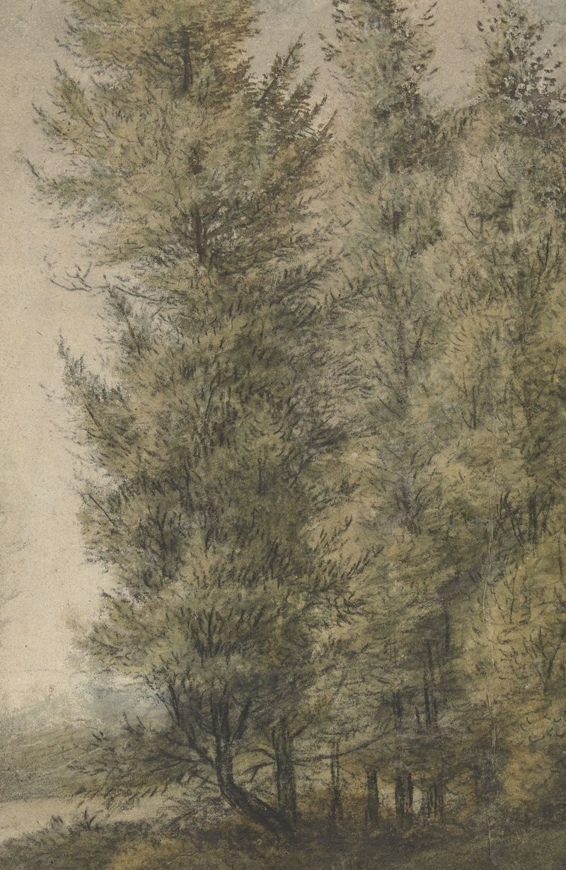 Hoge dennen aan de rand van een bos de Antonie Waterloo, óleo sobre tela que retrata pinheiros altos e um céu suave