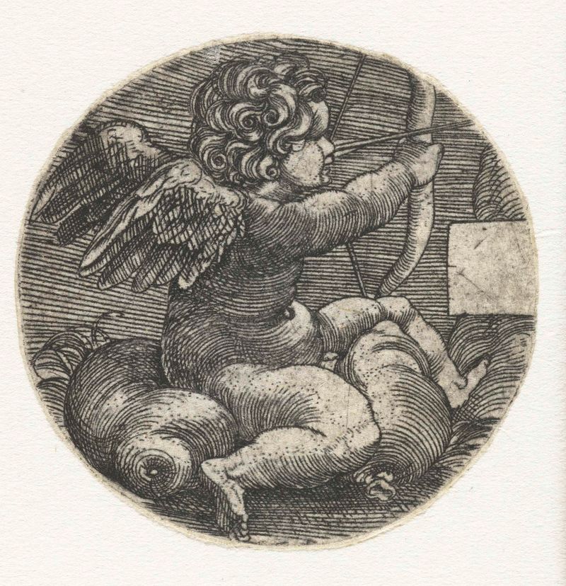 Cupido com arco e flecha sentado em um travesseiro, gravura de Barthel Beham
