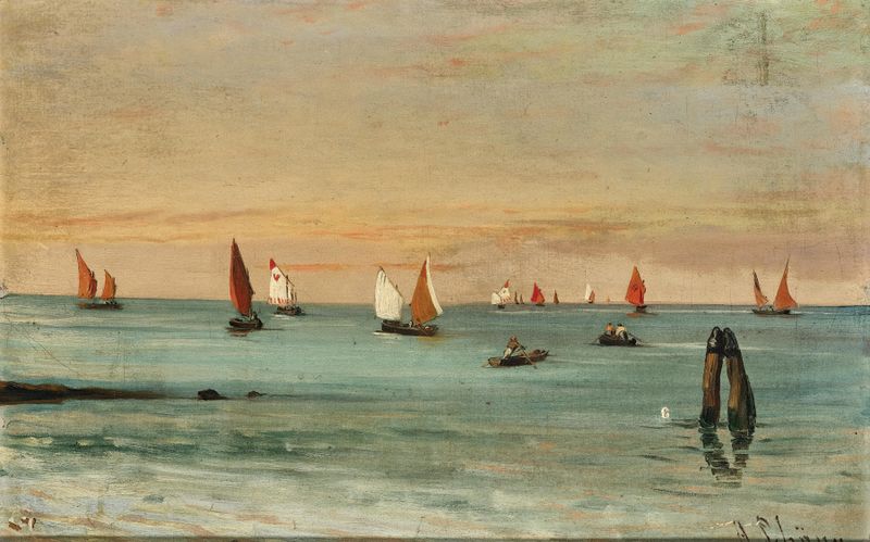 Sailing in a lagune by Alois Schönn, oil on canvas depicting a sailboat on calm waters.