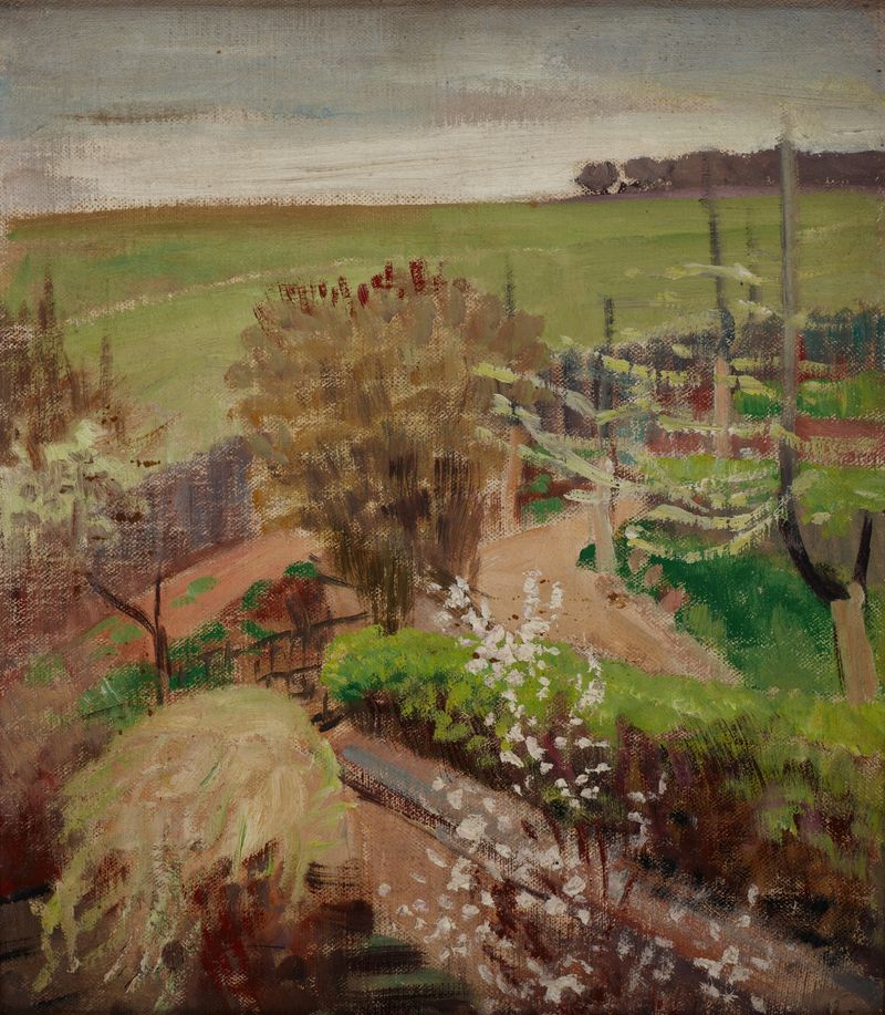Spring landscape oil painting by Jacek Malczewski with lush grass and distant hills.