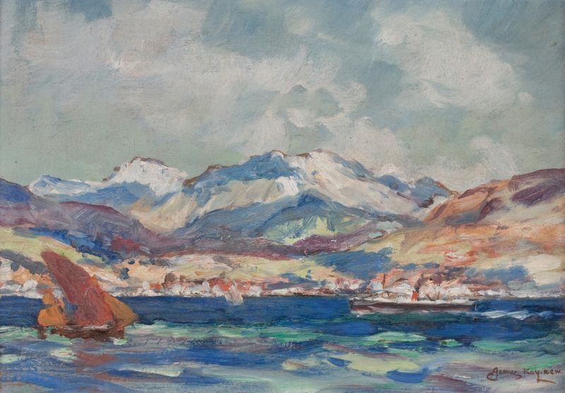 Oil on canvas by James Kay depicting dawn over Holy Loch with soft pastels and reflections.