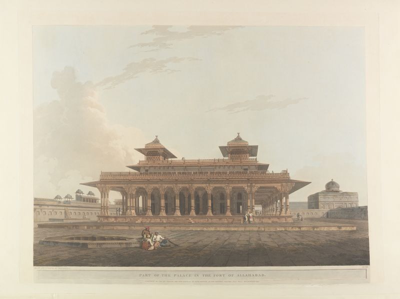 Oriental scenery Pl.08 grabado de Thomas Daniell que representa colinas exuberantes y un paisaje tranquilo.