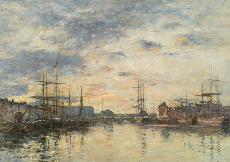Fécamp, Le Bassin au coucher du soleil de Eugène Boudin, óleo sobre tela, retratando um pôr do sol sobre a água.