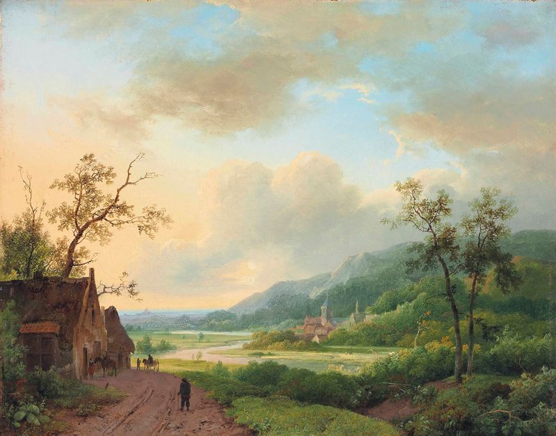 Viajeros en un sendero junto al río al anochecer, óleo de Marinus Adrianus Koekkoek