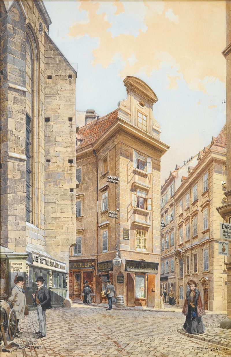 Seitzergasse by Richard Moser, depicting an alley with cobblestones and buildings, unknown medium.