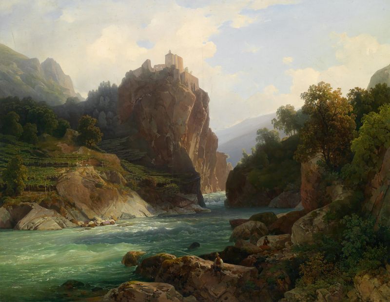 Blick auf die Zenoburg bei Meran, pintura a óleo de Thomas Ender, retratando um castelo e montanhas.