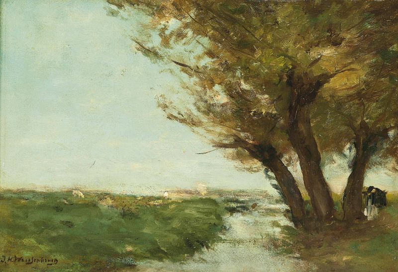 Under the willow trees by Johan Hendrik Weissenbruch, oil painting depicting lush willow branches and reflections in water.