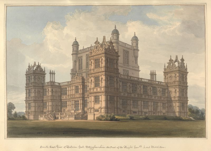 Watercolour by John Buckler depicting Wollaton Hall in a lush landscape