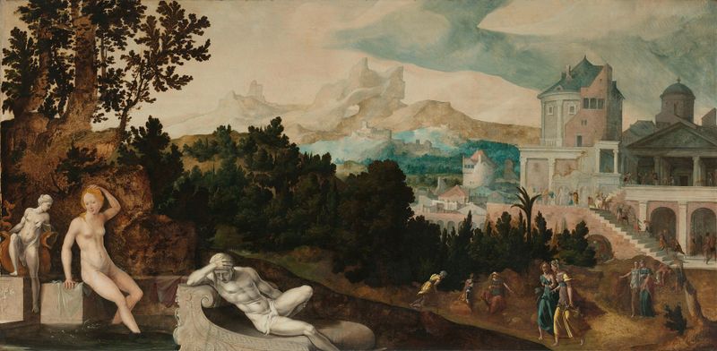 Paisaje con Betsabé, óleo sobre panel de Jan van Scorel, que muestra un paisaje sereno y figura.
