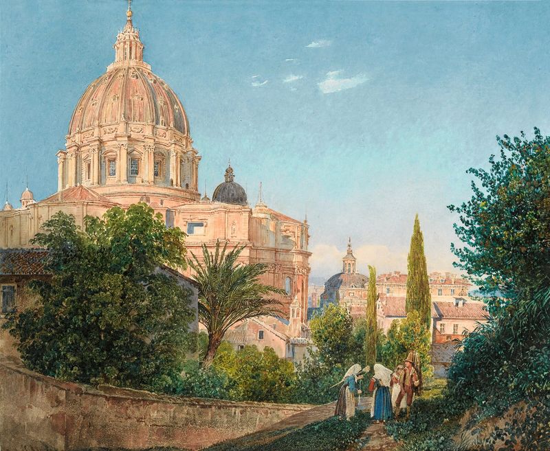 St Peter’s From The Vatican Garden de Rudolf von Alt, retratando uma paisagem com luz do sol e uma figura.