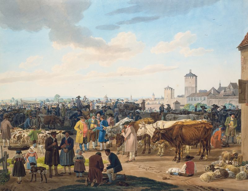 Viehmarkt am Rande einer Stadt, óleo sobre tela de Wilhelm von Kaulbach retratando uma cena de mercado animada.