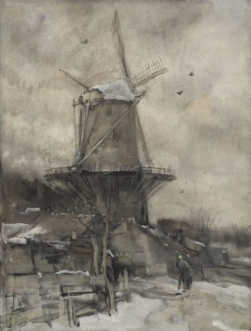 Winter landscape with a windmill, oil painting by Jacob Maris