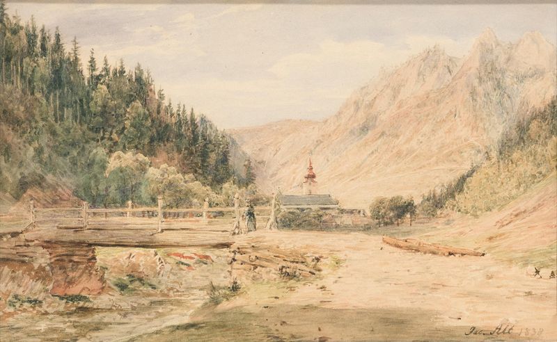 Das Rothe Kloster in der Zips de Jakob Alt, óleo sobre lienzo que representa un paisaje de monasterio.