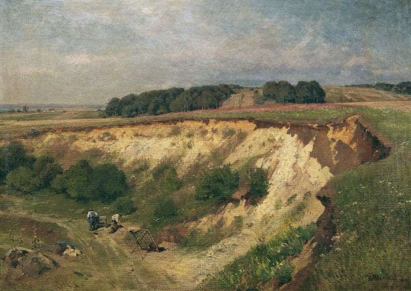Die Sandgrube de Hugo Darnaut, óleo sobre lienzo que representa una duna de arena dorada con luz y sombra intrincadas.