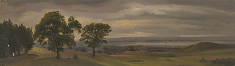 Evening meadow landscape by Jakob Becker, oil on canvas depicting lush greens and twilight light.