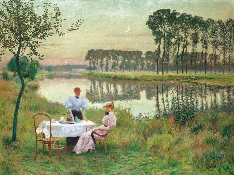 Soirée D’été by Emile Claus, oil on canvas depicting elegantly dressed figures in twilight.