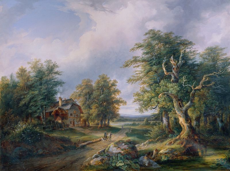 Landscape oil painting by Josef Altenkopf featuring a farmhouse along a forest path