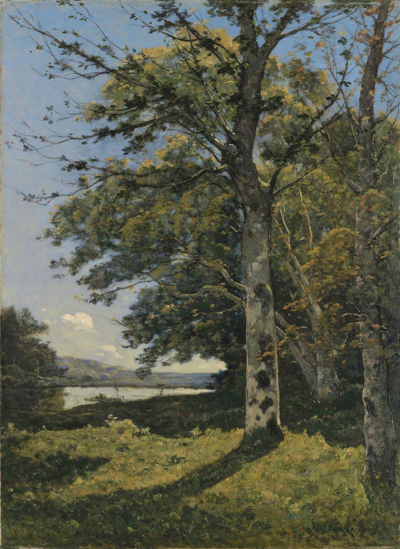 Pintura al óleo de paisaje por Henri-Joseph Harpignies que presenta un río y un cielo suave.