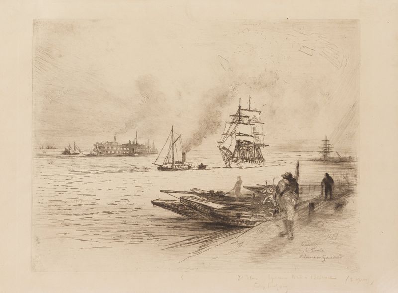 Etching by Félix Hilaire Buhot depicting a serene river landscape at twilight.
