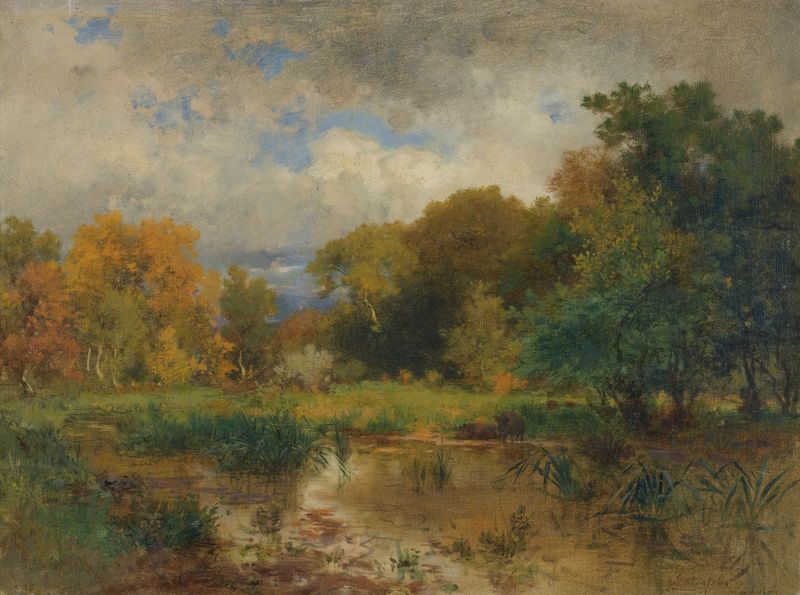 River landscape with gentle slopes and soft light, oil painting by Eduard Peithner von Lichtenfels