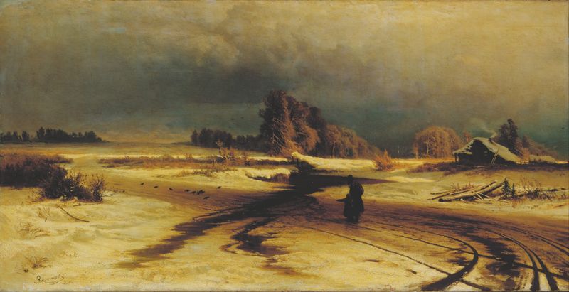 Pintura de paisagem a óleo de Fyodor Vasilyev retratando gelo derretendo e cores vibrantes.