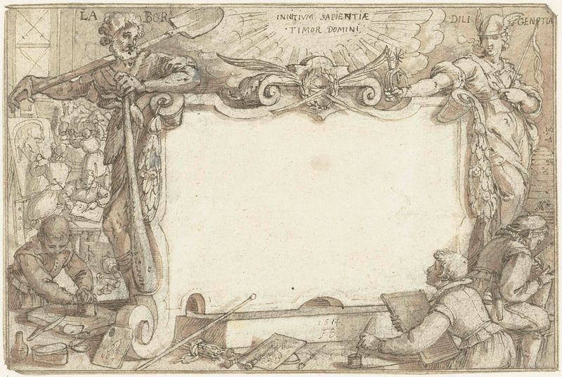 Gravura de Augustin Braun retratando trabalho e diligência com figuras intrincadas