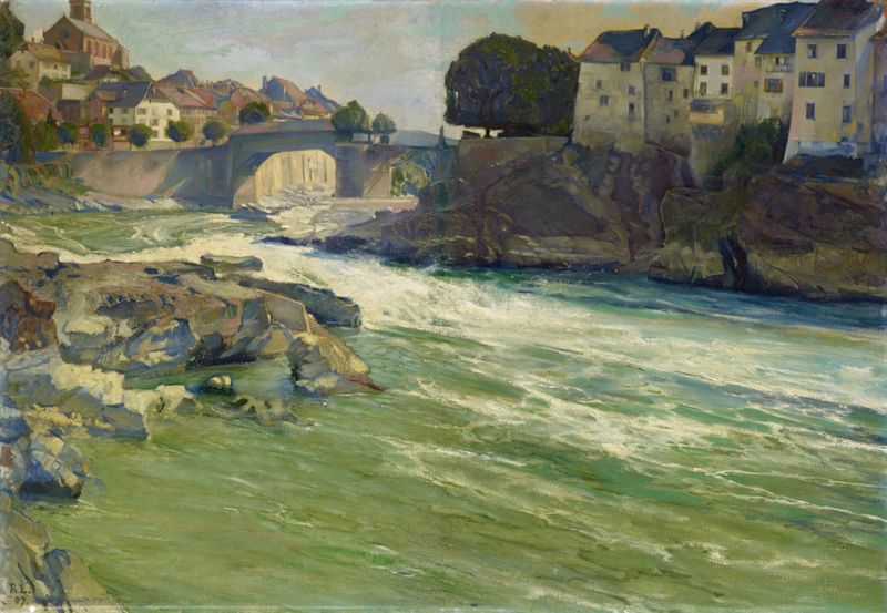 El Rin en Laufenburg de E. Augusto Lovatti, impresionismo, paisaje
