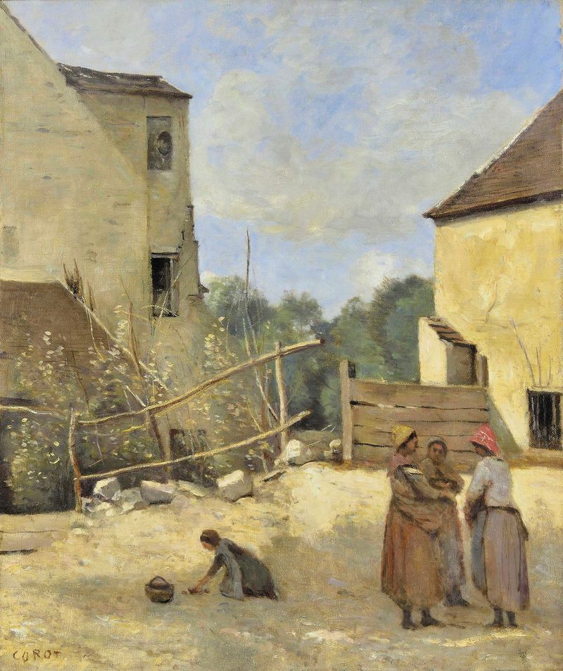 Trois Paysannes Causant Dans Une Cour Rustique, óleo sobre lienzo de Jean-Baptiste-Camille Corot