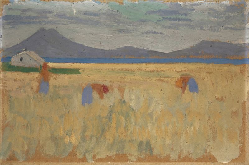 Colheita nas Ilhas Baleares, óleo sobre tela de Ernst Schiess retratando campos ensolarados e natureza.