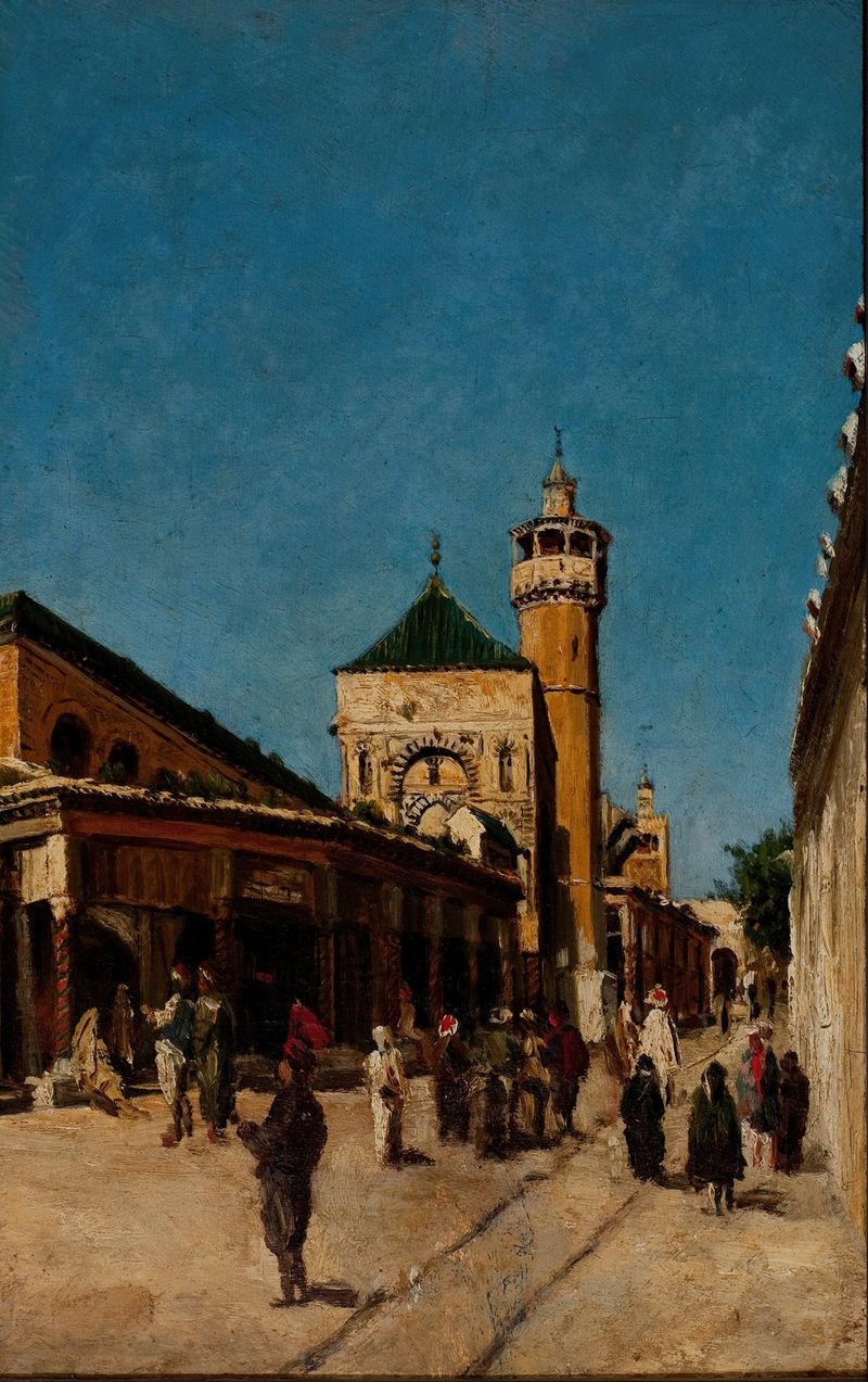 Rua em Túnis de Georg Grimm, realismo, retratando uma rua ensolarada com sombras e arquitetura.
