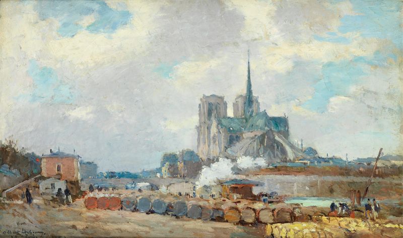 Notre-Dame de Paris de Albert Lebourg, óleo sobre tela, retratando a catedral ao amanhecer com luz suave