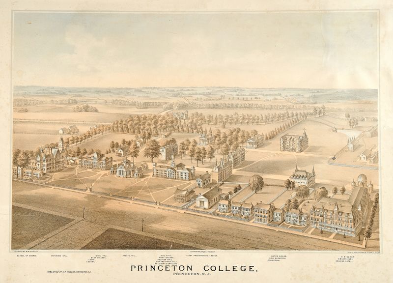 Arquitectura de Princeton College por Thomas Hunter, 1875, pintura al óleo