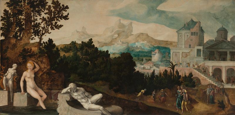 Landscape with Bathsheba, oil on panel by Jan van Scorel, depicting Bathsheba bathing and King David observing.