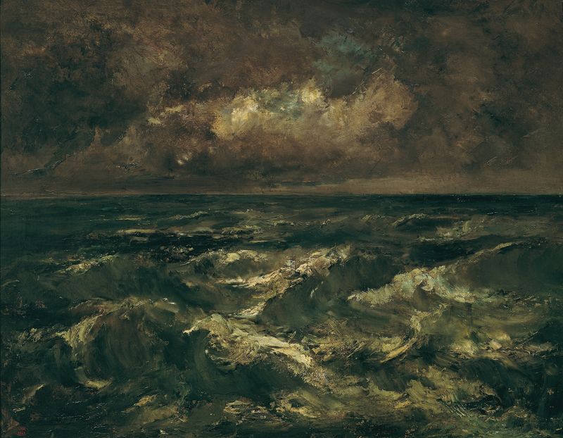 Stürmische See de Narcisse-Virgile Diaz de La Peña, óleo sobre tela que retrata ondas tumultuosas.