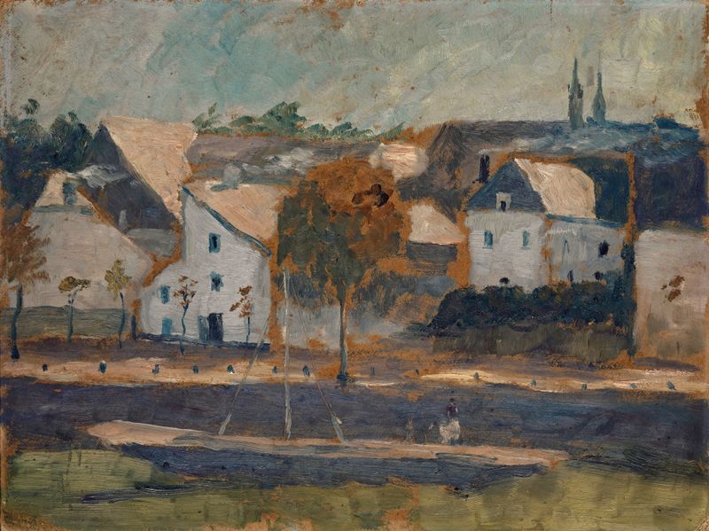 Kleine Stadt an Kanal by Ernst Schiess, impressionism, depicting a canal city with soft pastels and reflections.